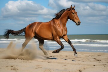 chestnut horse running on beach, sand kicking up behind, toward viewer