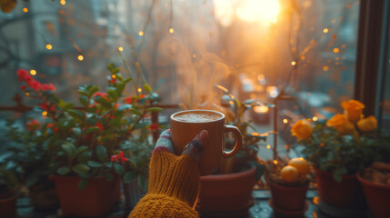 Morning Coffee on the Balcony.
Wooman enjoying coffee on the balcony at sunrise, warm colors of the morning , cityscape in the background