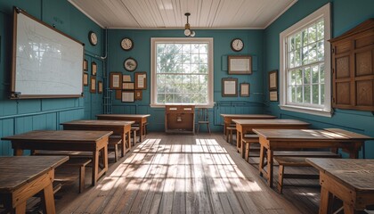 A Blue-Walled Classroom with Wooden Floor and Chairs, Inspired by Modern Design Trends and Monthly Events Generative AI