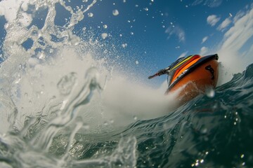 shot from water level as jet ski approaches