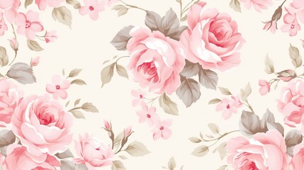 Seamless pattern with delicate bouquets of roses, rosehip flowers,berries, aquilegia, pink tulips and eucalyptus , generative ai, 