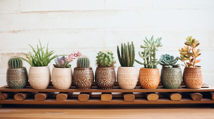 Assorted succulents in colorful pots on wooden shelf against brick wall