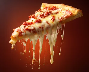 Fotobehang Hot cheese pizza slice with tomato sauce and melty cheese on dark background © Robert Kneschke