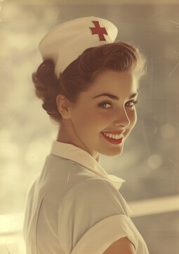 vintage portrait of smiling nurse in uniform in technicolor photo style	