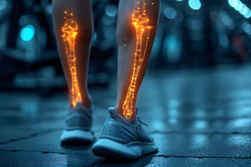 Fototapeten Close-up of an athletic woman's lower body with a highlighted graphic of a leg muscle pain or injury during a workout session in a gym setting, emphasizing health and fitness concerns  © HejPrint