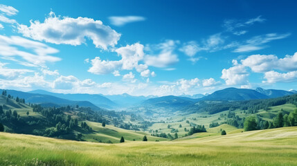 Serene mountain landscape with lush meadows under blue sky