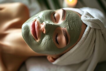 Woman Enjoying a Soothing green, natural Facial Mask at a Spa