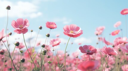 selective focus of pink flowers in the garden on the sky, generative ai, generative, ai