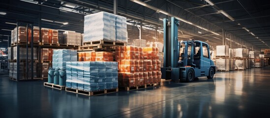 Load beverage crates, forklifts and trucks in industrial hall