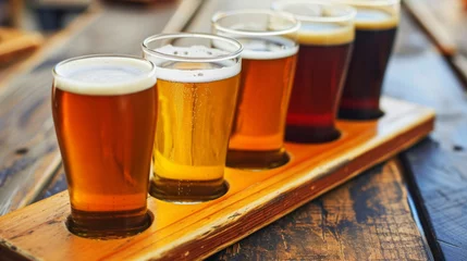 Fotobehang Craft Beer Sampler Tray. Variety of craft lassware with fresh beer. Glasses of beer on the counter. Different types of beer on a bar top in a pub. Beer tasting in a pub. Delicious beer light brew, dar © Nataliia_Trushchenko