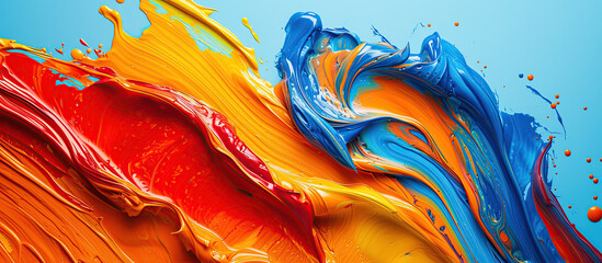  thick paint splashes. over light blue background. Red orange and blue paint close up.