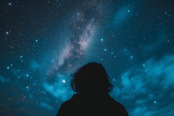 back of persons head gazing up at starfilled sky