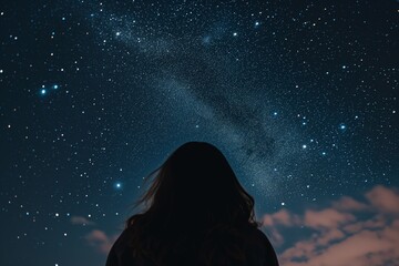 back of persons head gazing up at starfilled sky