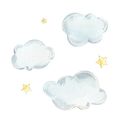 Watercolor clipart of clouds and stars, cute pictures.