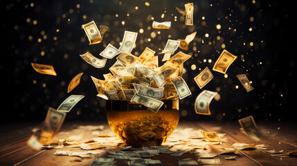 Abundance concept with money exploding from a golden pot