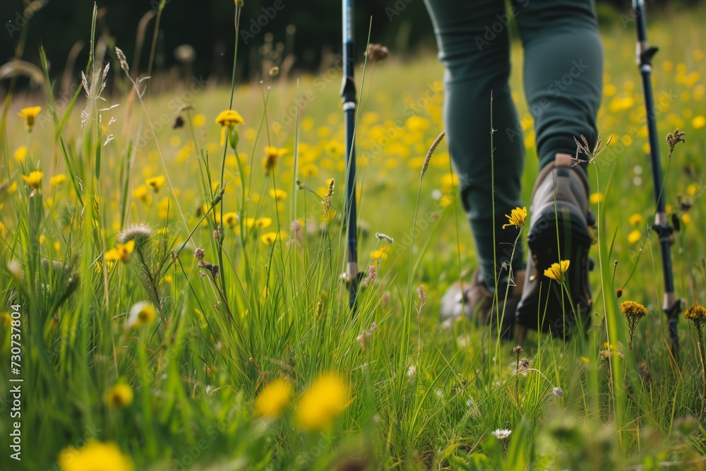 Wall mural person with poles walking through a meadow