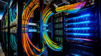 Futuristic data center network servers with colorful cables and lighting