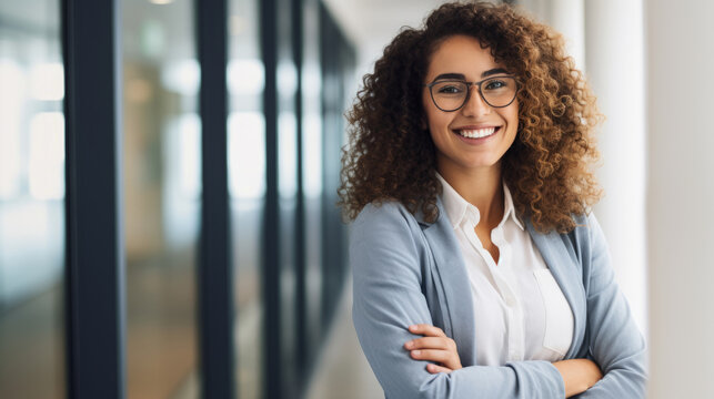 Confident professional woman smiling in business environment, office setting