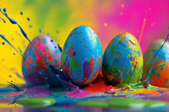 colored Easter eggs splashed with bright paint explosion. Creative concept. Easter card