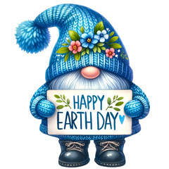 Gnome in blue knit outfit  holding Happy earth day banner on Earthday.