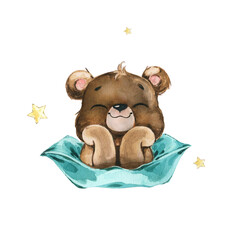Cute teddy bear dreaming and lying on pillow, watercolor illustration