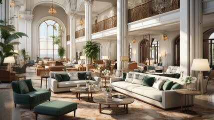 Fototapeta na wymiar A grand hotel lobby with luxurious furnishings