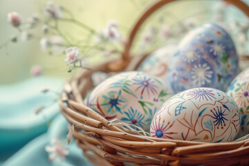 folk hand painted Easter eggs in wicker basket close-up. Easter card