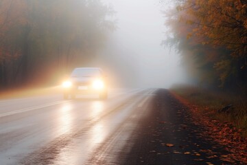 bright car headlights approaching on a misty autumn road