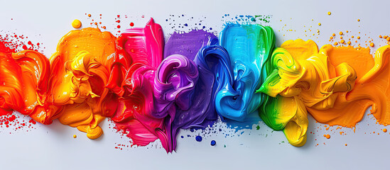 Rainbow color thick paint splashes. over white background 