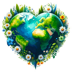 Earthday heart shape with green forest ,trees and flowers illustration watercolor creative, environmental awareness.