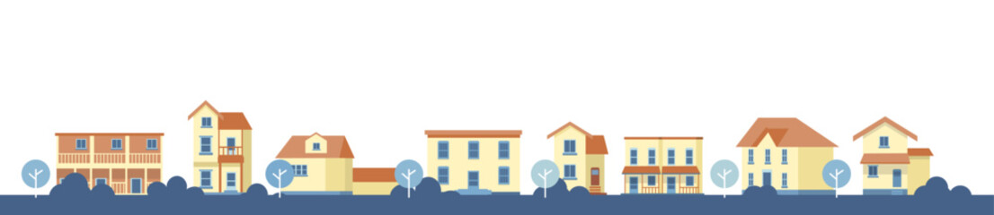 Vector urban building skyline bakground illustration with clouds and building and house	
