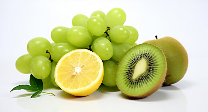 Still life of green fruits on white background. Banner with space for copying.