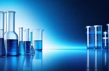 Laboratory equipment beakers and flask with blue background
