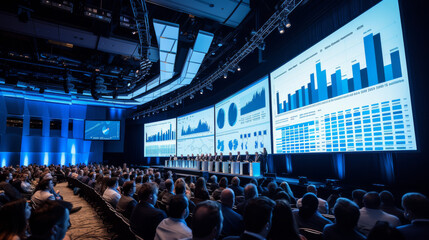 A finance technology conference with keynote speakers and a large audience, large screens displaying financial analytics, capturing the essence of knowledge sharing in fintech, event.