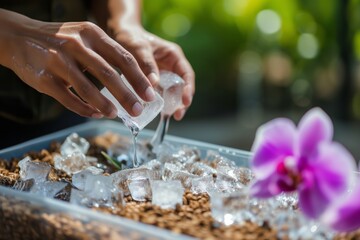 Obraz na płótnie Canvas individual placing ice cubes on orchid potting media for watering
