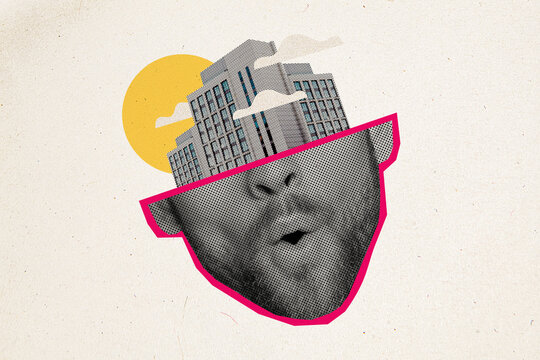 Abstract creative composite photo collage of half face man thinking about move into multi storey building isolated painted background