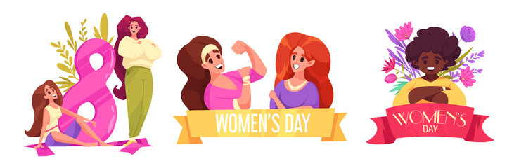 Hand drawn flat cartoon international women day illustration collection with powerful female characters