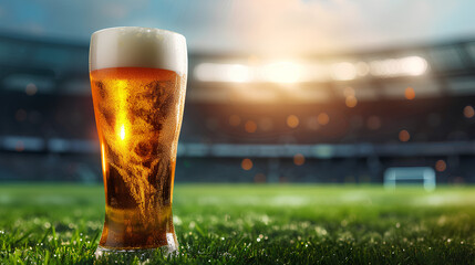Glass of fresh and cold beer on soccer, American football, rugby stadium background - obrazy, fototapety, plakaty