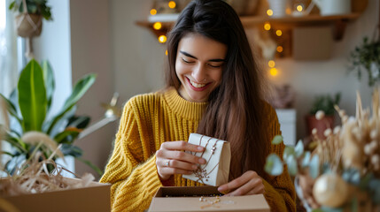 Young woman excited to open her jewel gift box