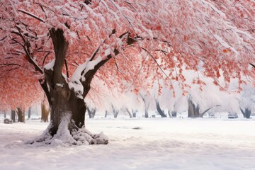 A breathtaking snowy landscape with cherry blossom trees in full pink bloom, contrasting with the white snow-covered ground.