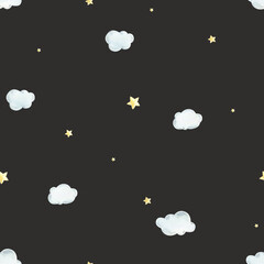 Clouds and stars on a dark background, seamless pattern for nursery