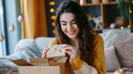 Young woman excited to open her jewel gift box