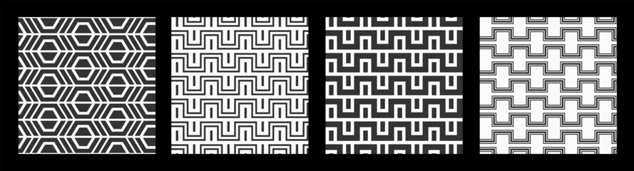 Set of four abstract vector seamless pattern. Zigzag geometric seamless pattern. Repeating geometric ornament. Black and white geometrical background.