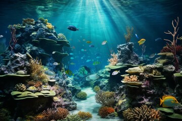 Fototapeta na wymiar An underwater seascape teeming with life, showcasing a colorful coral reef with a variety of tropical fish swimming in clear blue waters, bathed in the rays of sunlight piercing through the surface.