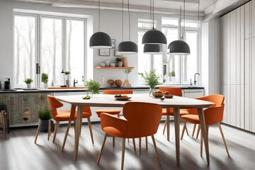 Modern kitchen interior with orange chairs and table in scandinavian style