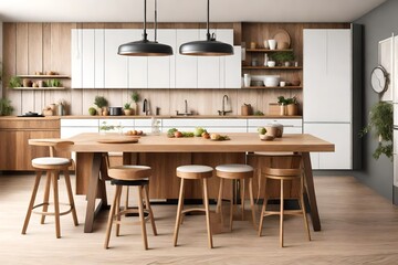 Modern kitchen interior with stylish wooden table. Space for text