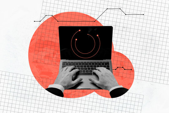 Photo collage artwork minimal picture of arms typing apple samsung device creating strategy graph isolated graphical background