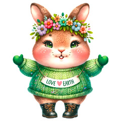 Cute Bunny making kissing face gesture watercolor on Earth day. Rabbit cartoon character wearing green knit dress. 