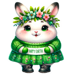Cute Bunny carry banner illustration watercolor on Earth day. Rabbit cartoon character wearing green knit dress. 