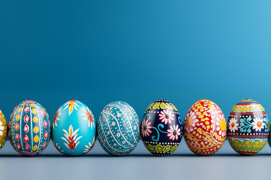 Row of painted colored easter eggs on blue background. Happy Easter background